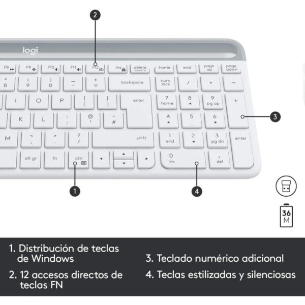 Logitech MK470 Slim Combo Teclado y Ratón Inalámbricos Blanco en Español (ñ) Usado **Solo el teclado y el receptor (no incluye ratón)** - Imagen 2