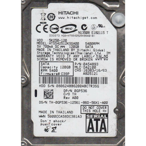 Disco Duro Hitachi HTS542512K9SA00 2,5'' 120GB SATA 5400RPM Usado