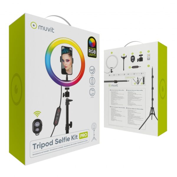 Soporte trípode Muvit 1,6M con anillo de luz 10'' 26 colores Usado - Imagen 2