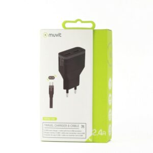 Pack Muvit transformador 2 USB + cable Micro USB 2.4A 1m negro.