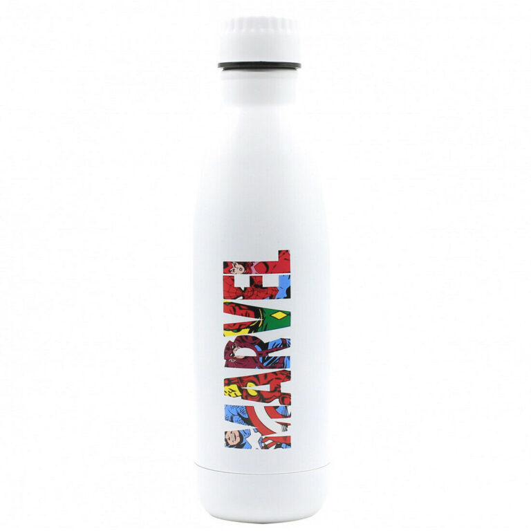 Puro botella de acero inoxidable 750ml logo Marvel color blanco.