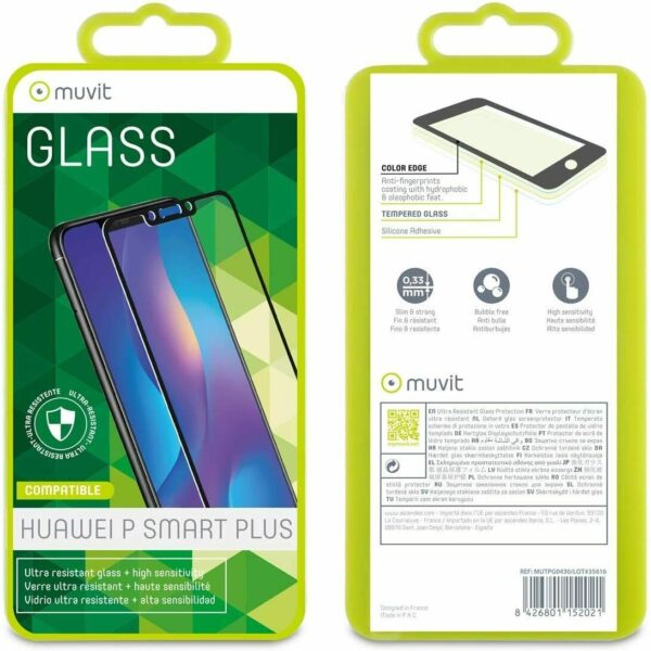 Protector de pantalla Muvit Huawei P Smart+ vidrio templado plano marco negro - Imagen 2
