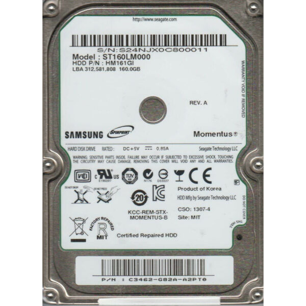 Disco Duro Seagate Momentus 160GB  2.5'' 5400 SATA Usado.