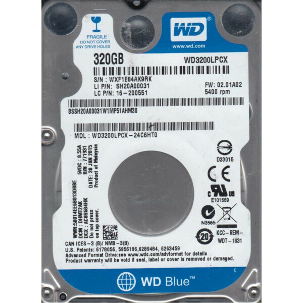 Disco Duro Western Digital 320GB 2,5'' SATA 5400RPM WD3200LPCX Usado.