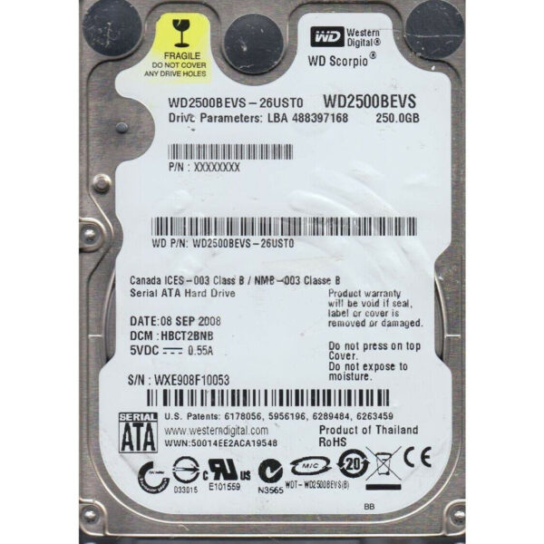 Disco Duro Western Digital Scorpio WD2500BEVS-26UST0 250GB 2.5'' 5400RPM Usado