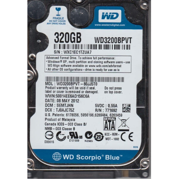 Disco Duro Western Digital WD3200BPVT Scorpio Azul 320GB 2.5'' 5400RPM Usado.