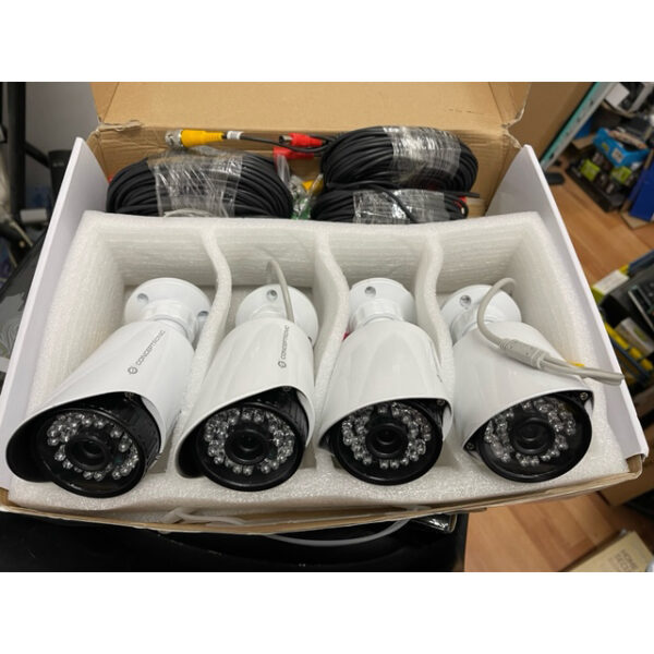Pack de 4 cámaras Conceptronic CCAM720FAHD y cables de conexión a grabador usada **Solo las 4 cámaras y cables conexión, sin el grabador.**