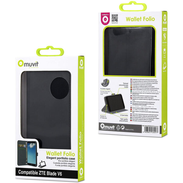 Funda Muvit Wallet Folio con función soporte negra para ZTE Blade V6. - Imagen 2