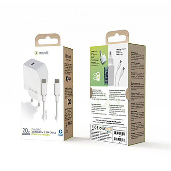 Pack Muvit for Change cargador pared Tipo C PD 20W + cable tipo C a tipo C 3A 1m - Imagen 3