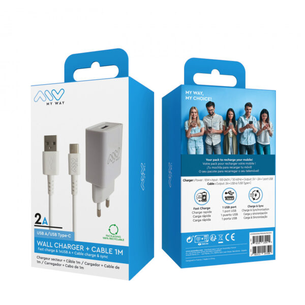 Pack Myway cargador de pared USB 2A + cable USB C 1m blanco - Imagen 4