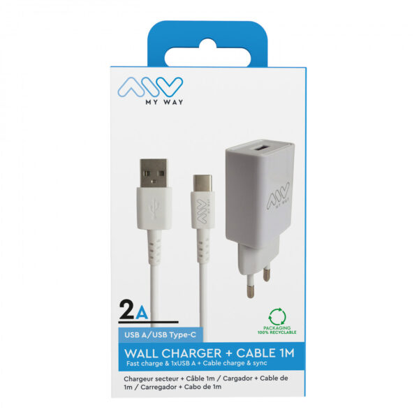 Pack Myway cargador de pared USB 2A + cable USB C 1m blanco - Imagen 3