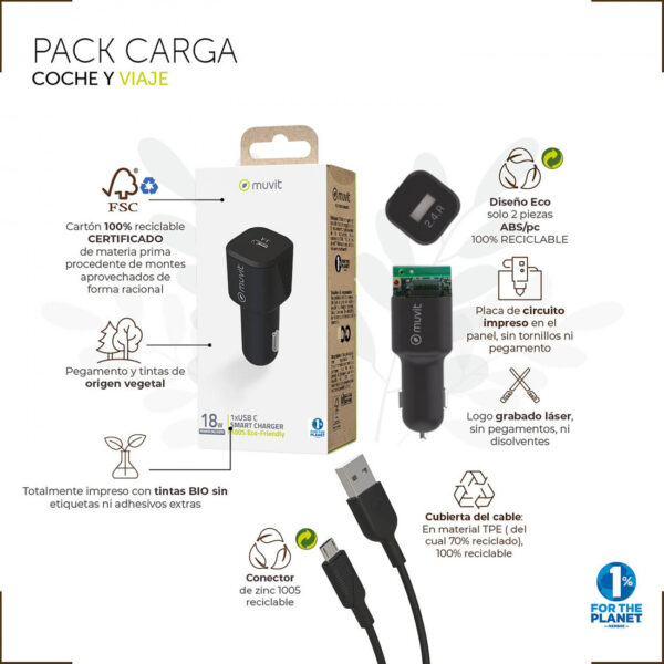 Pack Muvit for Change Cargador coche USB 2 puertos 2.4A + cable 1.2m tipo C - Imagen 2