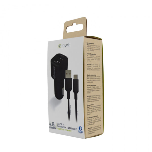 Pack Muvit for Change Cargador coche USB 2 puertos 2.4A + cable 1.2m tipo C - Imagen 3