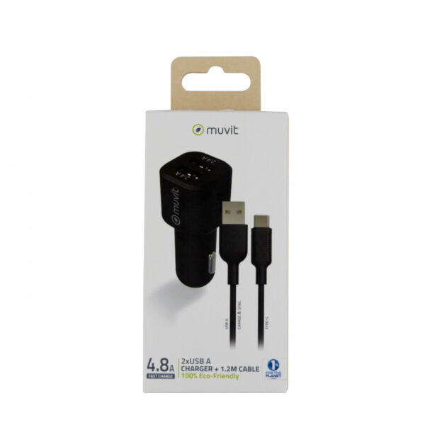 Pack Muvit for Change Cargador coche USB 2 puertos 2.4A + cable 1.2m tipo C - Imagen 4