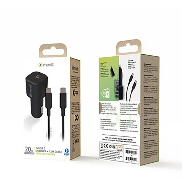 Pack Muvit for Change Cargador coche Tipo C PD 20W + cable tipo C a tipo C 3A 1m - Imagen 5