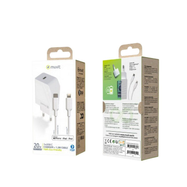 Pack Muvit for Change cargador pared Tipo C PD 20W+cable tipo C a Apple 3A - Imagen 3