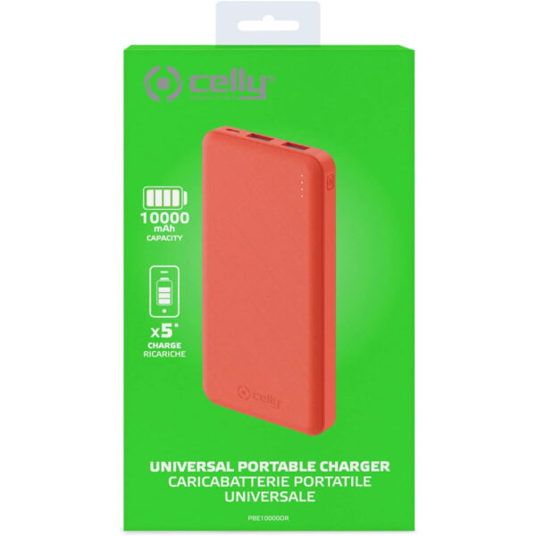 Power Bank Celly PBE10000OR 10.000 mAh 2 Salidas USB-A Naranja - Imagen 4