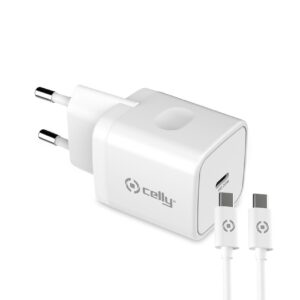Cargador de pared Celly ‎TC1C20WTYPECWH 20W + Cable USB-C a USB-C Blanco