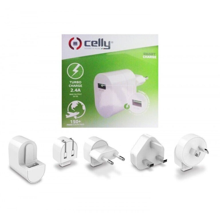 Cargador Celly 4 en 1 USB para Viaje Turbo 2.4A Conectores USA EUROPA UK AU