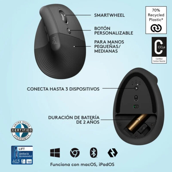 Logitech Lift Ratón Inalámbrico Vertical para Diestros 4000 DPI Gris-Negro - Imagen 6