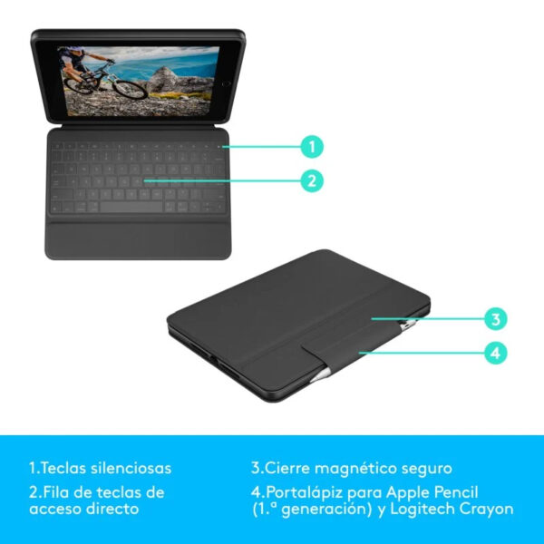 Funda con Teclado Logitech Rugged Folio Bluetooth Gris para iPad 7/8/9 Gen Usada - Imagen 5