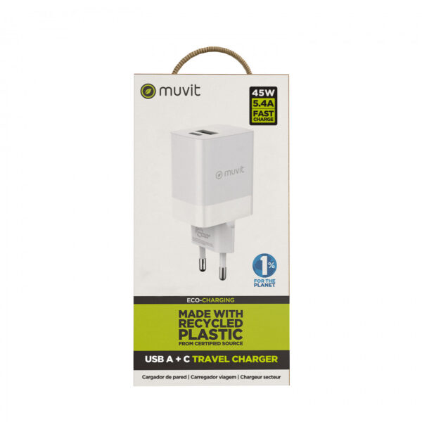 Cargador de Pared Muvit for Change 1 USB 12W+1 Tipo C PD 45W blanco (NUEVO) - Imagen 4