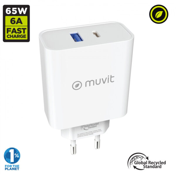 Cargador de Pared Muvit for Change 1 USB QC 3.0 18W+1 Tipo C PD 65W (NUEVO) - Imagen 2