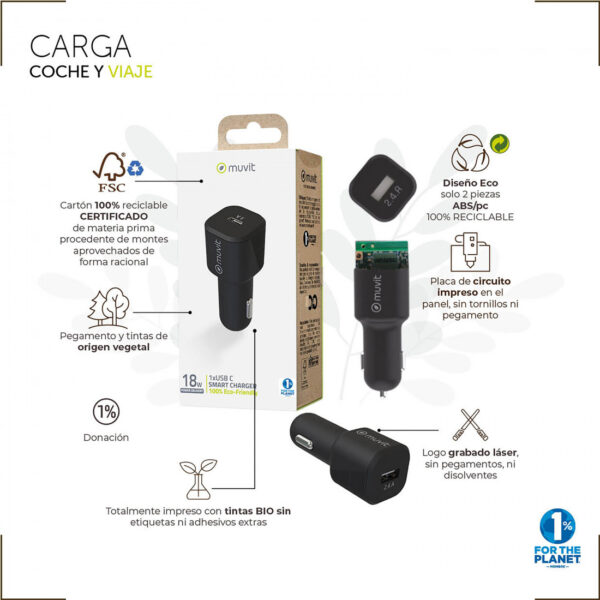Cargador coche Muvit for Change Tipo C PD 20W+Tipo C PD 20W negro - Imagen 2