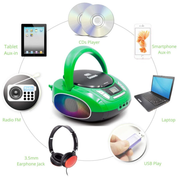 Reproductor CD Lauson NXT964 Portátil Luces LED Multicolor y Radio FM Verde - Imagen 3