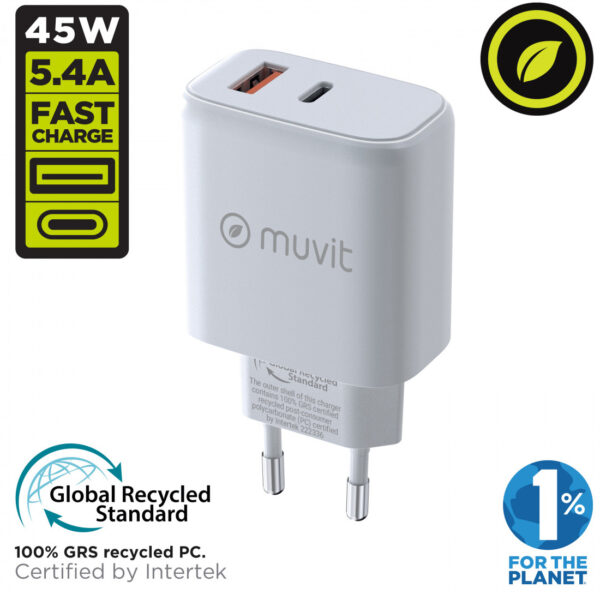 Cargador de Pared Muvit for Change 1 USB 12W+1 Tipo C PD 45W blanco (NUEVO) - Imagen 2