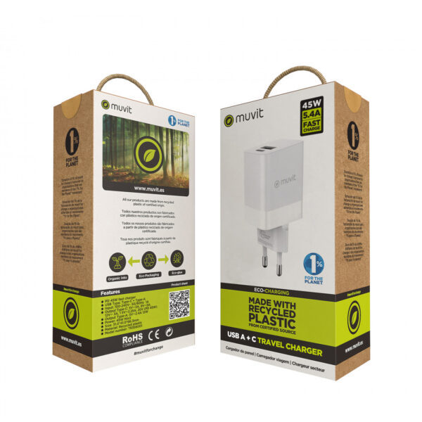 Cargador de Pared Muvit for Change 1 USB 12W+1 Tipo C PD 45W blanco (NUEVO) - Imagen 3