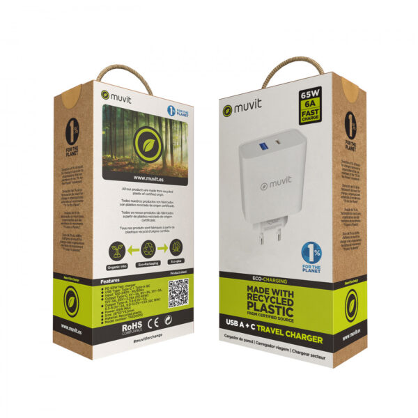 Cargador de Pared Muvit for Change 1 USB QC 3.0 18W+1 Tipo C PD 65W (NUEVO) - Imagen 3