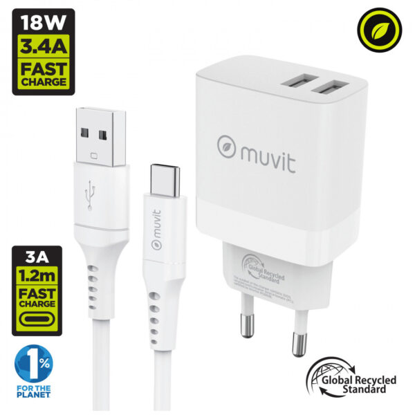 Pack Muvit for change cargador de pared 2 USB 3,4A/18W+Cable Tipo C 3A/60W 1,2m - Imagen 2