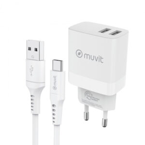 Pack Muvit for change cargador de pared 2 USB 3,4A/18W+Cable Tipo C 3A/60W 1,2m