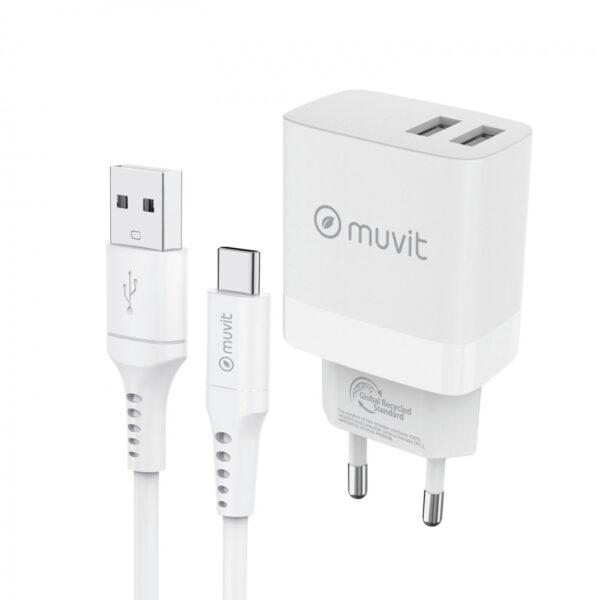 Pack Muvit for change cargador de pared 2 USB 3,4A/18W+Cable Tipo C 3A/60W 1,2m
