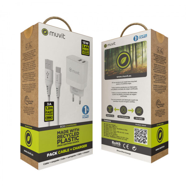 Pack Muvit for change cargador de pared 2 USB 3,4A/18W+Cable Tipo C 3A/60W 1,2m - Imagen 3
