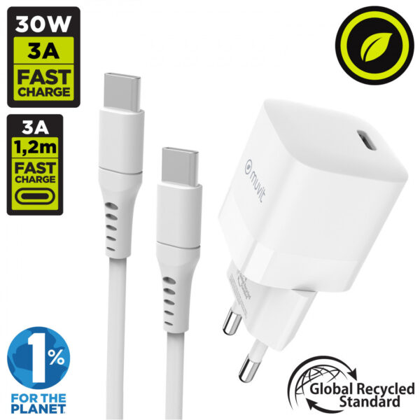 Pack Muvit for change cargador de pared Tipo C PD 30W+cable tipo C/C 3A 1,2m - Imagen 2