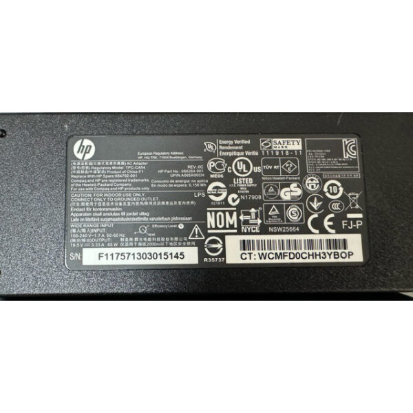 Cargador Original HP 684792-001 TPC-CA54 19.5 V 3.33 A 65W Usado - Imagen 2