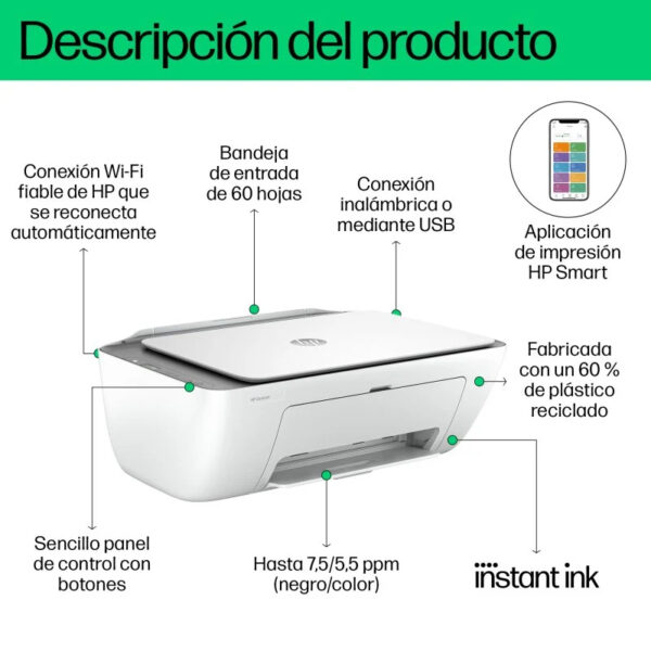 Impresora HP DeskJet 2820e Multifunción Color Wifi Blanca Usado *Sin cartuchos* - Imagen 2