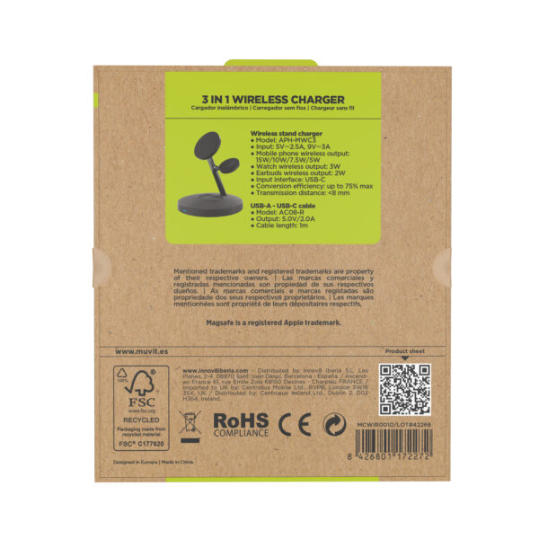 Cargador Muvit for change 3 en 1 soporte magsafe+soporte iWatch+Airpod negro - Imagen 8