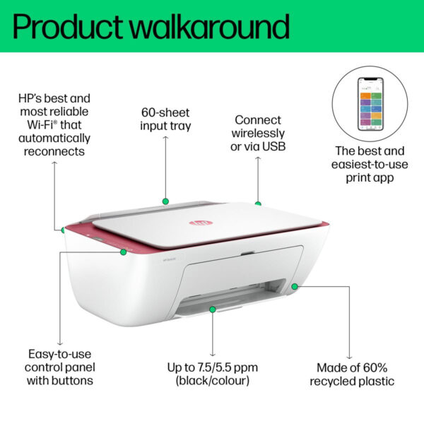 Impresora HP DeskJet 2823e Multifunción Color WiFi Blanca/Rosa Usada - Imagen 8