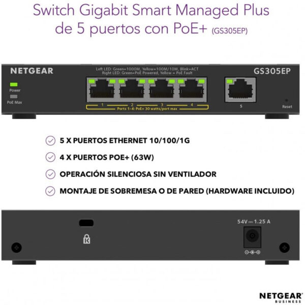 Switch 5 Puertos Netgear GS305EP-100PES Gigabit Usado **Falla el puerto num.3** - Imagen 2