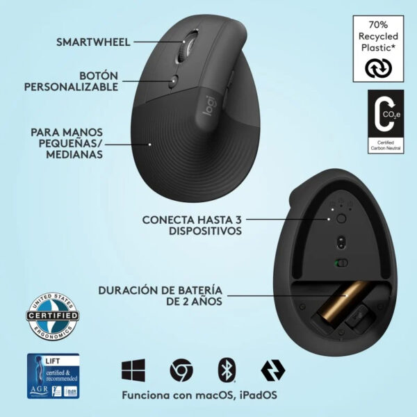 Logitech Lift Ratón Inalámbrico Vertical para Zurdos 4000 DPI Gris-Negro Usado * - Imagen 5