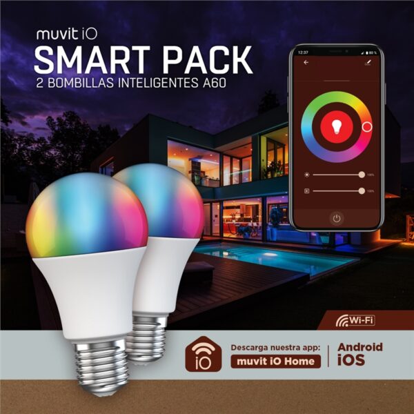 Pack 2 Bombillas Muvit iO A60 E27 800lm 9W RGB+CCT D60* H118 (NUEVO) - Imagen 2