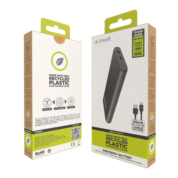 Power Bank Muvit 10000mAh USB A 2,4A + USB C PD/Output (USB A+tipo C) negro - Imagen 3