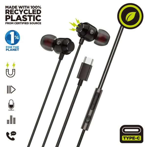 Auriculares Muvit For Change estéreo M32 Tipo C magnéticos negros