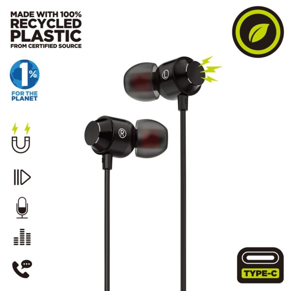 Auriculares Muvit For Change estéreo M32 Tipo C magnéticos negros - Imagen 2