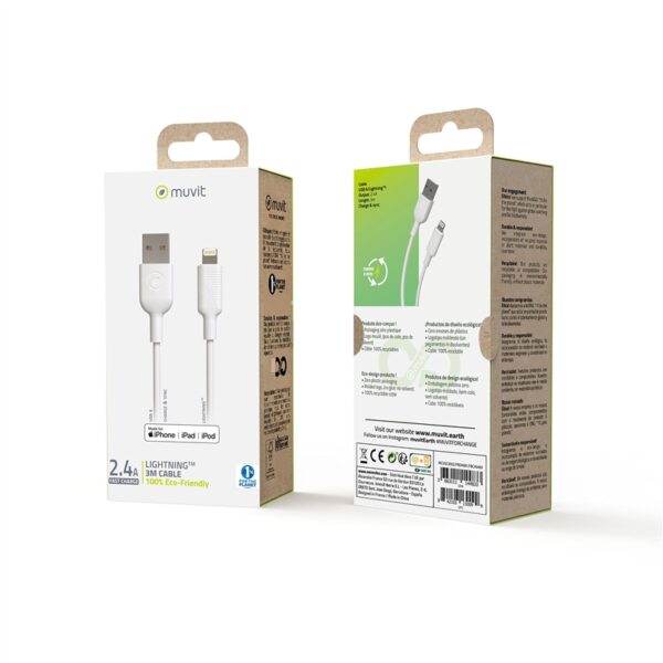 Cable Muvit for change USB a Apple MFI 2,4A 3m blanco (NUEVO) - Imagen 4