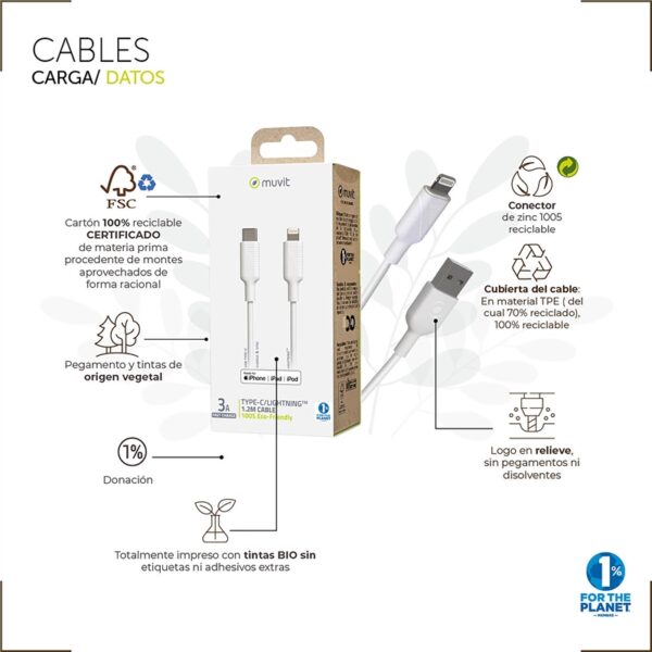 Cable Muvit for change USB a Apple MFI 2,4A 3m blanco (NUEVO) - Imagen 5