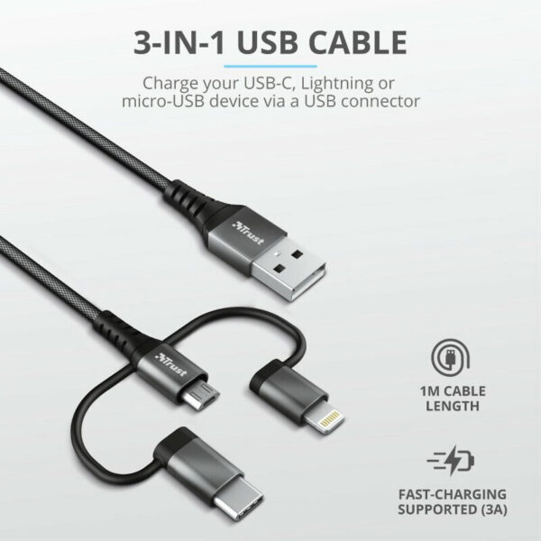 Cable Trust Keyla 3 en 1 USB-C, Lightning y Micro-USB a USB Negro 1 m - Imagen 3